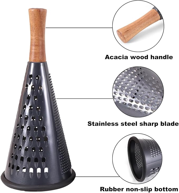 Cone Cheese Grater with Handle Stainless Steel Grater Triple Function Wood Handle Shredder Non-Slip Rubber Bottom Hand Held Multifunction Vegetables Grater Black 4-Size (Size L: 10.6" X 4.7" Black)