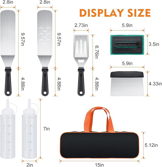8-Piece Griddle Accessory Kit – Premium Stainless Steel Tools with Leak-Proof Bottles, Scraper, Spatulas, Cleaning Brush & Carry Bag for Blackstone & Camp Chef(8pcs)