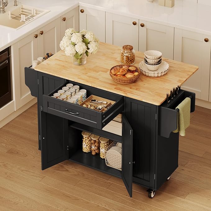 Ahomly Rolling Kitchen Island on Wheels, Kitchen Island with Storage, Kitchen Rolling Island with Spice Rack & Towel Rack, Knife Holder, Island Table for Kitchen, Black