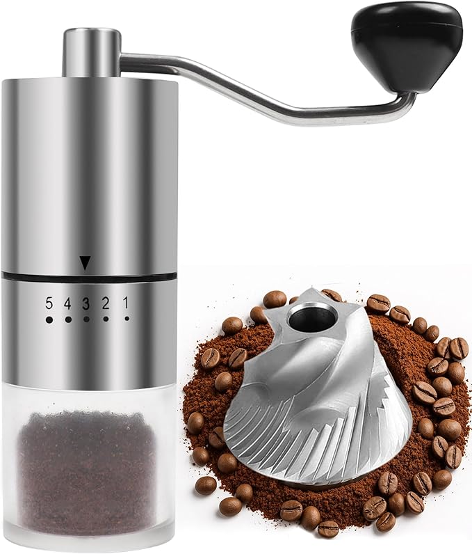 Stainless Steel Burr Manual Coffee Grinder For Drip,French Press,5 Adjustable Settings,Hand Mill with Built-In Burr,For Home Use and Camping (Stainless Steel burr-Sliver)