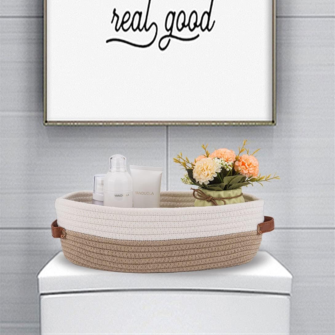 2 Pack Cotton Rope Bathroom Decor Basket,Toilet Paper Holder Basket,Farmhouse Home Decor Organizing Baskets 13"x5.9"x4" Brown Stitching White