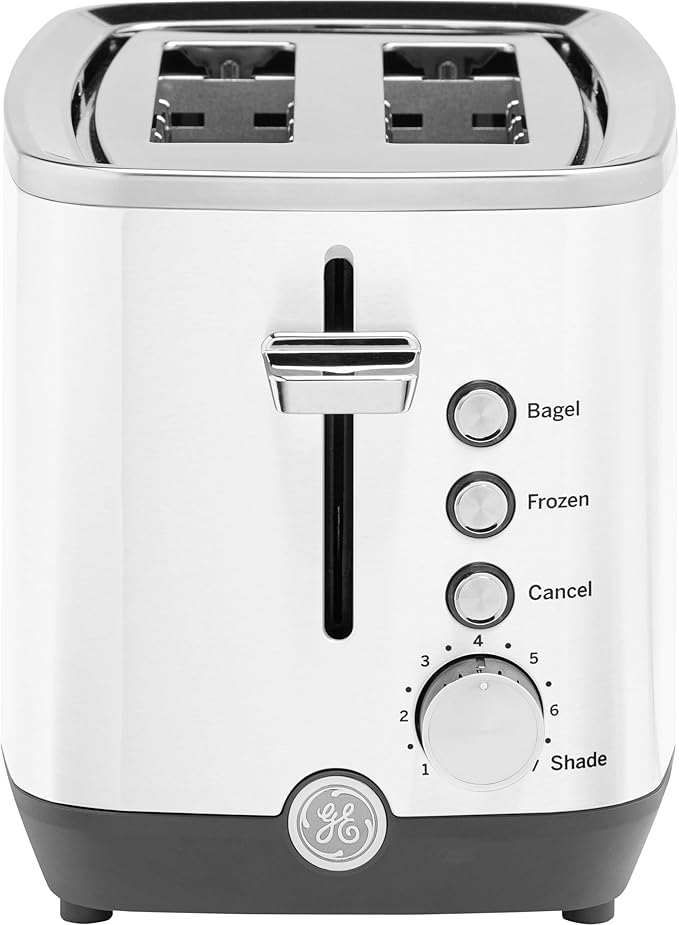 GE 2 Slice Toaster, Extra Wide Slots for Toasting Bagels, Breads, Waffles & More, 7 Adjustable Shade Settings, Removable Crumb Tray, Countertop Kitchen Essentials, 850 Watts, White