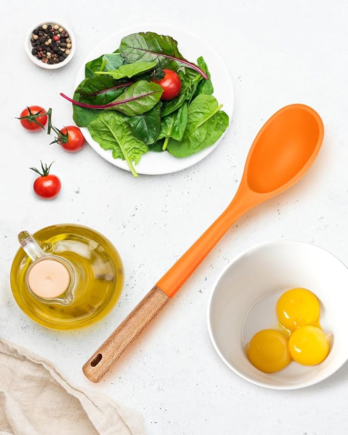 Large Silicone Cooking Spoons, Nonstick Solid Wooden Handle Spoon, Heat Resistan Silicone Kitchen Spoons for Cooking, Serving, Basting, Mixing, 13.2inch (ORANGE)