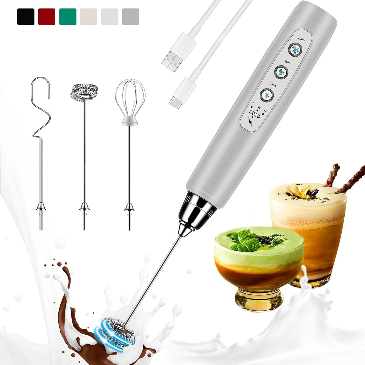 Milk Frother Handheld Rechargeable, Frother Wand Drink Mixer Electric Whisk for Coffee, Detachable With 3 Stainless Whisks, Hand Mixer for Lattes, Cappuccino, Matcha, Egg, No Stand, Silver
