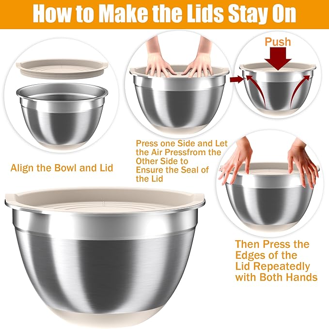 Mixing Bowls with Airtight Lids Set, 4 Stainless Steel Bowls Nesting Bowls & Colander, Kitchen Organizers and Storage Non-Slip Bottom, Size 1.5/2.0/2.5/4.5QT, Great for Mixing & Serving, Khaki
