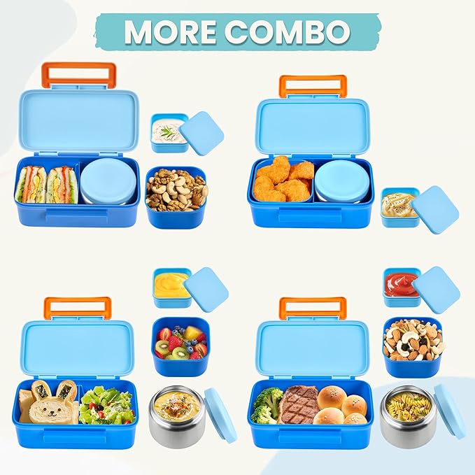 PIQUEBAR Kids Lunch Bento Box with 8oz Thermo Ice Pack Food Container with Insulated Lunch Bag, Insulated Water Bottle with Straw for Girls Boys, (A-Blue)
