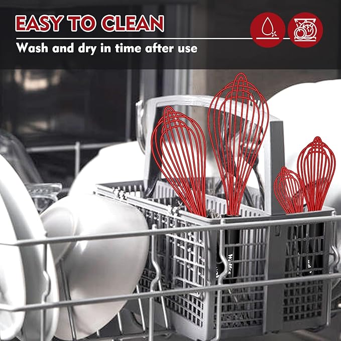 Walfos Whisk,Silicone Whisk Non Scratch-Whisks for cooking set of 4 Heat Resistant(480°F).Nice for Blending Beating Stirring and Kitchen Cooking &Baking.BPA Free and Dishwasher safe.(5+7+9+11inch )Red