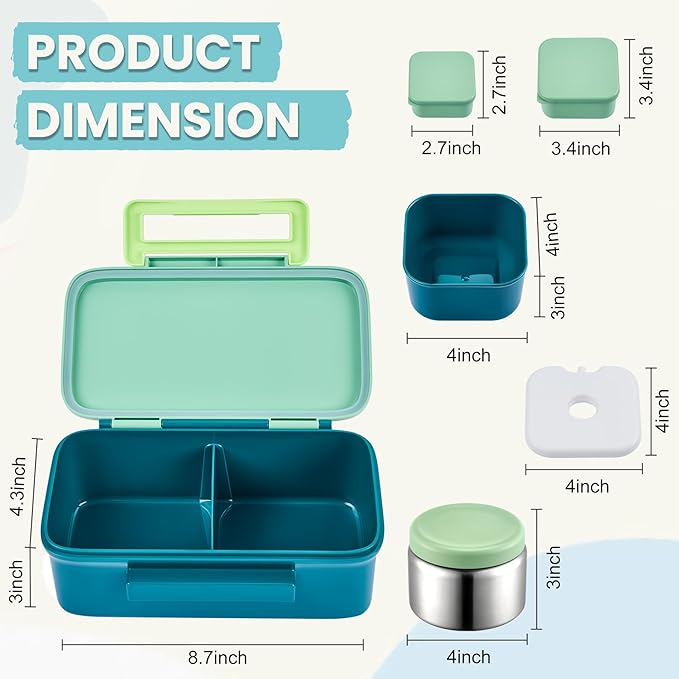 PIQUEBAR Kids Lunch Bento Box with Thermo Ice Pack Food Container with Insulated Lunch Bag, Insulated Water Bottle with Straw for Girls Boys, (A-Green)