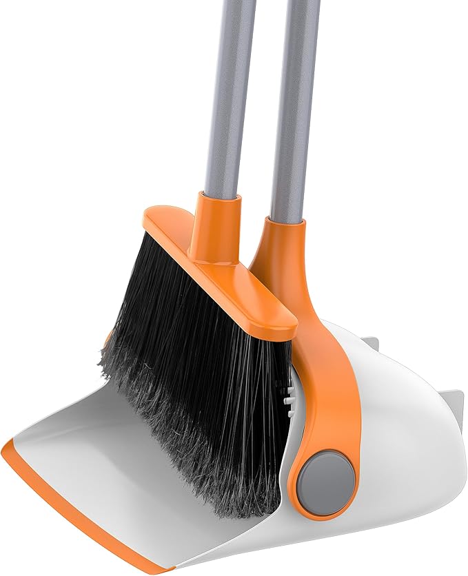 MR.SIGA Broom and Dustpan Set with Long Handle, Stand Upright Broom with Dustpan Combo for Cleaning Office, Garage, Lobby, Lightweight Sweeping Set, 51.7"(131 cm) Long Handle, White & Orange