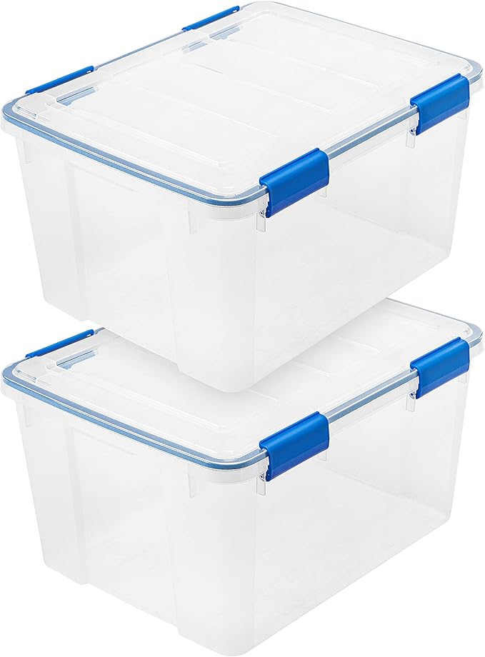 IRIS USA WeatherPro 44 Qt Storage Bins with Lids, 2 Pack, BPA-Free Plastic Gasket Box with Tight Latch and Seal, Stackable Nestable Tote Tub - Clear/Blue