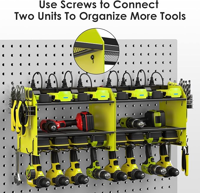 CCCEI Modular Power Tool Organizer Wall Mount with Charging Station. Garage Drill Storage Shelf with Hooks, Heavy Duty Rack, Tool Battery Holder Built in 8 Outlet. Gift for Men. Green, 2 Pack.