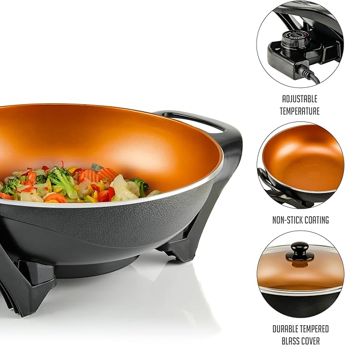 OVENTE Electric Wok with Nonstick Coating, 13 Inch Family-Sized Skillet, 1400W Power, Adjustable Temperature, Tempered Glass Lid, Cool Touch Handles and Easy to Clean Frying Surface, Copper SK3113CO