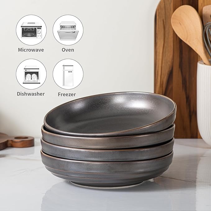 HAPPY KIT Stoneware Pasta Bowls 9'', Set of 4, 42 Oz, Reactive Glaze Large Salad Bowls, Ceramic Serving Bowls for Fruit,Soup,Noodle, Dinner, Scratch Resistant, Bronze Gray