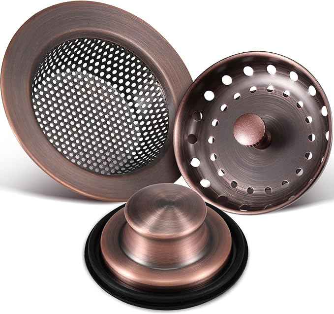 Mudder 3 Pcs Kitchen Sink Drain Strainer and Stopper Stainless Steel Garbage Disposal Plug with Handle Universal Anti-Clogging Kitchen Sink Filter Sieve Basket Strainer(Antique Copper)