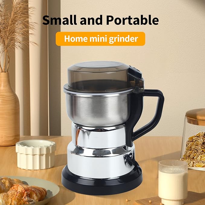 Electric Coffee Grinders，150-300w Silver Spice Grinder, One-Button Operation to Grinder Coffee Beans, Spices, Dry Herbs, Nuts, etc.1 Plastic Brush and 1 Plastic Spoon Included