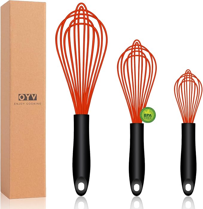 Red Silicone Whisk, Sealed Waterproof Design Set of 3, Professional Kitchen Whisks for Cooking Non-Scratch, Silicone & Stainless Steel Whisk, Heat Resistant 480°F Balloon Egg Beater