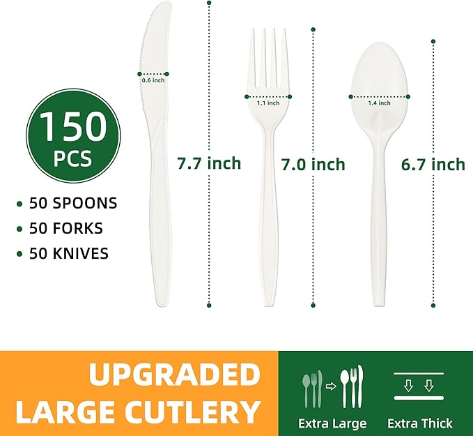100% Compostable Cutlery Set,150pcs (50 Forks,50 Spoons,50 Knives) Disposable Cornstarch Utensils Heavy Duty BPI Certified Eco-Friendly Party Supplies No Plastic, Ivory White