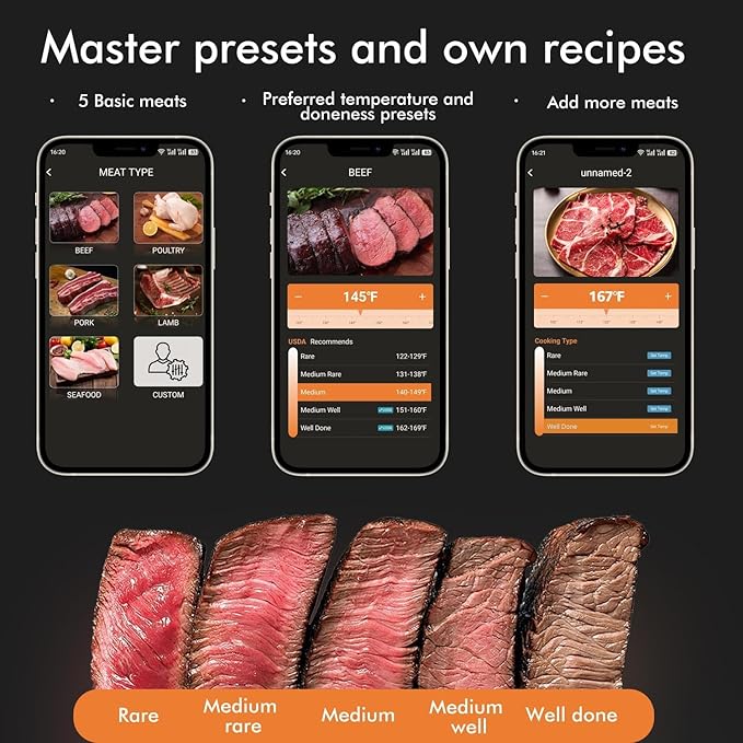 Smart Wireless Meat Thermometer with Thinnest Probe, Magnetic Bluetooth Food Thermometer, Remote Tracking and Real-Time Readings from Apps, for iOS and Android, for BBQ, Grill, Smoker