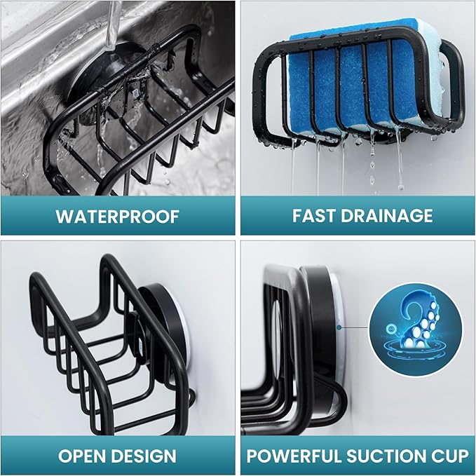 TAILI Sponge Holder for Kitchen Sink with Strong Suction Cup, Rustproof Aluminum Sink Caddy, Removable Sponge Holder, Dish Brush for Scraper - Black