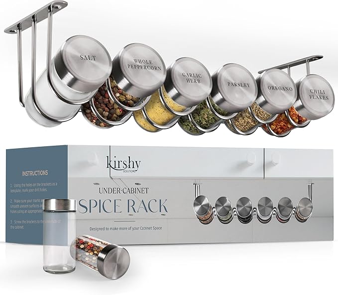 Under Cabinet Spice Rack With 6 Glass Spice Jars & 21 Labels Stainless Steel Spice Storage Rack- Mountable Under Shelf Hanging Spice Rack Holder- Seasoning Kitchen Organizer