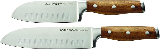 Rachael Ray Cucina Cutlery 2-Piece Japanese Stainless Steel Santoku Knife Set with Acacia Handles - ,Acacia Wood