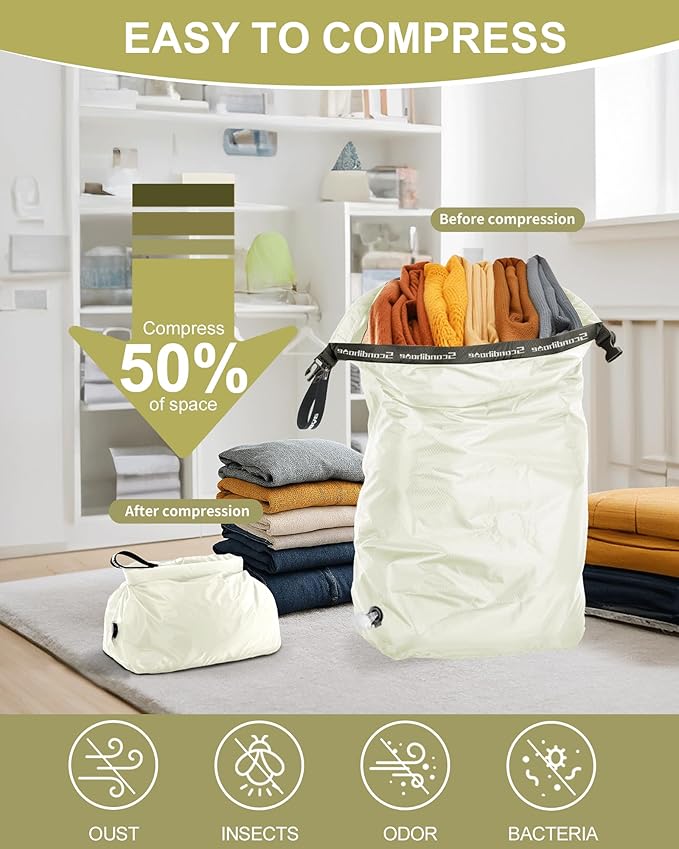 Travel Laundry Bag, Pump Free Vacuum Storage Bag Reusable Compression Dirty Clothes Travel Bag Waterproof Wet Dry Bags Large Capacity Space Saver Bags Camp Clothes Organizer (1 Pcs)(White, L)