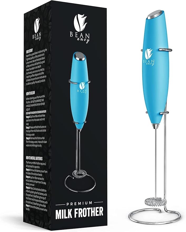 Bean Envy Milk Frother, Coffee Stirrers, Frother Wand, Milk Frother Handheld, Frother with stand, Hand Blender for Coffee, Lattes, Cappuccino, Matcha and Hot Chocolate – Kitchen Gifts - Light Blue