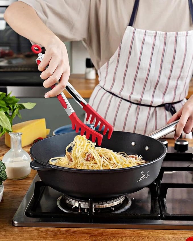 Silicone Spaghetti Spoon & Pasta Tong, Non-Stick Stainless Steel Handle Pasta Fork Set with Teeth, Food Clip for Easy Serving of Noodles (Red)