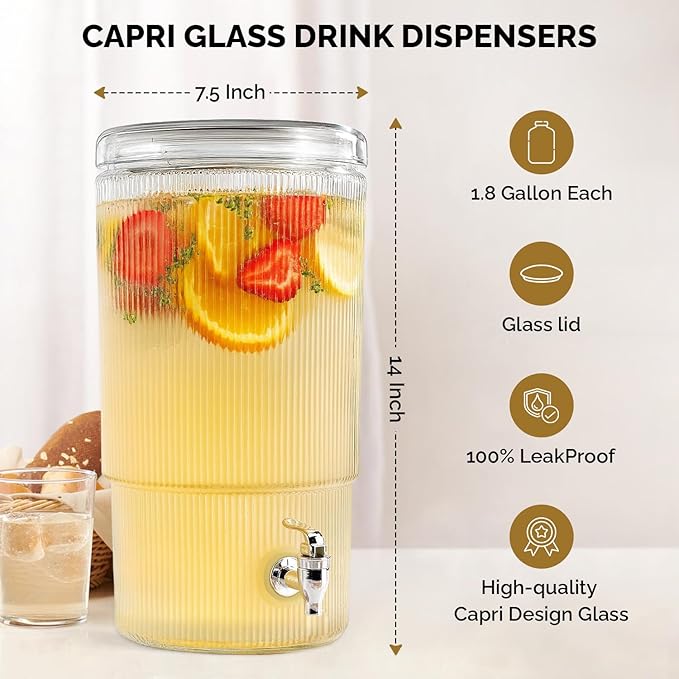 2-PACK Capri Drink Dispenser - Glass Beverage Dispenser, 100% Leakproof Spigot Perfect For Parties And Daily Use Lead-Free Glass, Beautiful Design, 1.8 Gallon