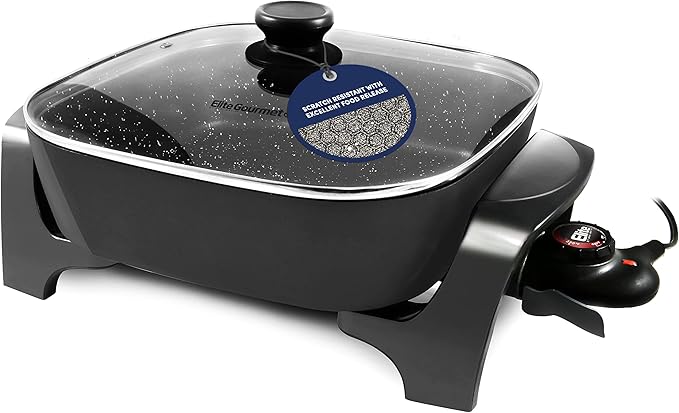 Elite Gourmet EG6201 Extra Deep 12"x12"x3.2" (7.5Qt.) Scratch Resistant Dishwasher Safe, Non-stick Electric Skillet with Glass Vented Lid, Adjustable Temperature, Black