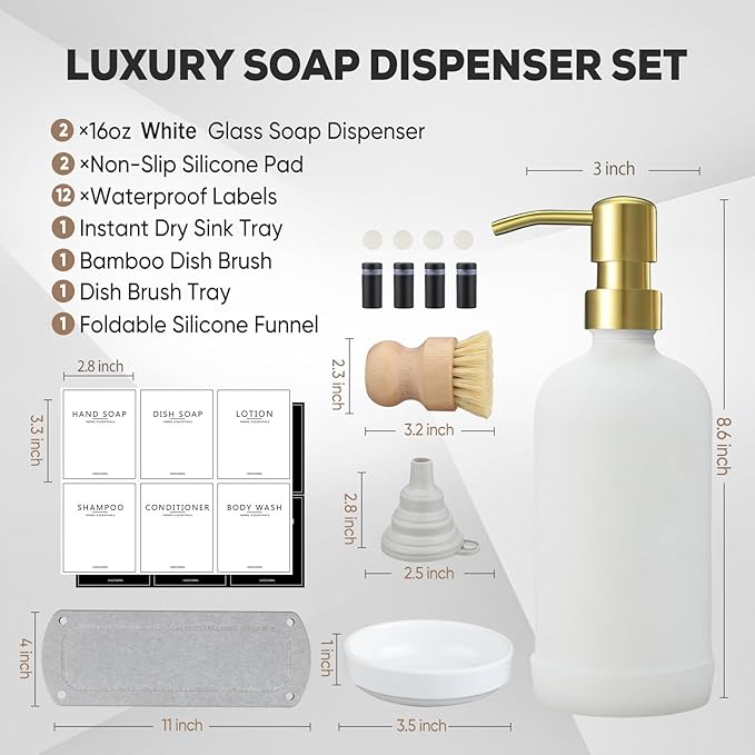 Kitchen Soap Dispenser Set with Instant Dry Tray,16 Oz Hand and Dish Soap White Glass Dispenser Set,Stainless Steel Pump,Waterproof Labels&Dish Brush,Luxury Soap Bottle for Kitchen,Bathroom