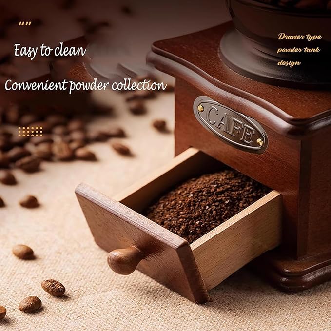 Vintage Manual Coffee Grinder Maker - High Hardness Ceramic Core Coffee Bean Grinder With Solid Wood Base And Drawer Powder Box Classic Coffee Grinders For Home Use