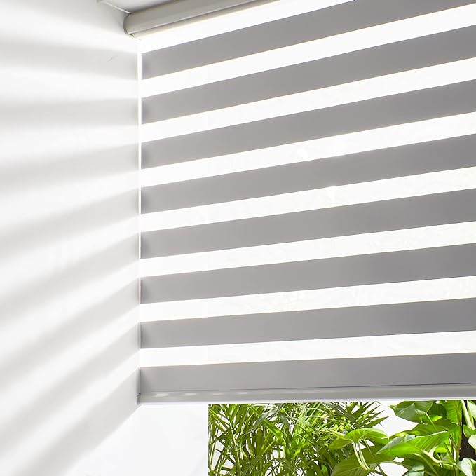 Persilux Cordless Zebra Blinds for Windows Free-Stop Window Shades (27" W X 72" H, Grey) Dual Layer Light Control for Day and Night, Light Filtering Sheer Shades for Home, Easy to Install