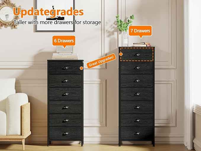 Furnulem Bedroom Dresser, Tall Chests of Drawers with 7 Fabric Bins, Black Organizer in Closet, Dorm, Living Room, Nursery, Hallyway-Storage Tower Unit, Sturdy Steel Frame