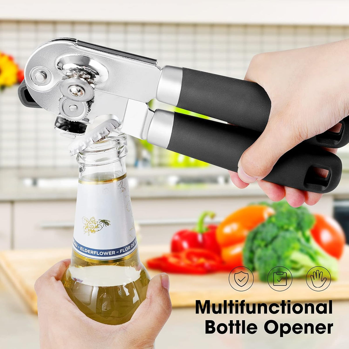 Beneno Can Opener Manual with Magnet, Hand Held Heavy Duty Can Opener with Durable Sharp Blade Smooth Edge, Big Effort-Saving Knob, Soft Grip Rubber Handle, Multifunctional Bottle Opener, Black