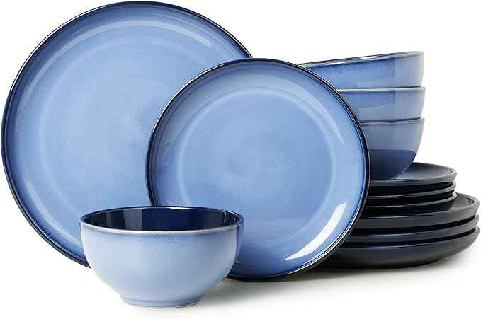 Stoneware Dinnerware Sets, Ceramic Plates and Bowls Set, Microwave & Dishwasher Safe Kitchen Dish Set, Modern Dinner Plates | Salad Plate | Cereal Bowls for 4, Dishware Sets Blue