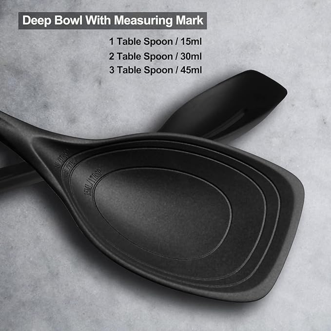2 Pack Large Silicone Cooking Spoon, Non-Stick Slotted and Solid Spoon set with Deep Bolw and Measurement Mark for Mixing, Serving, Draining, Scooping, Scraping, Heat Resistant Kitchen Utensils, Black