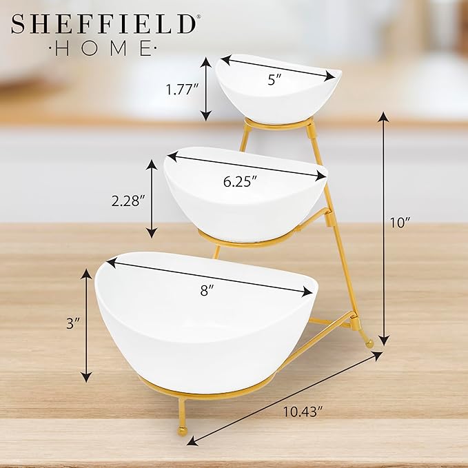 3 Tier Large Serving Bowls Set - Microwave & Dishwasher Safe Stoneware Fruit Bowl with Collapsible Gold Metal Stand - Bowls for Kitchen, Dinner Parties, Desserts, Chip and Dip & Side Dishes (White)