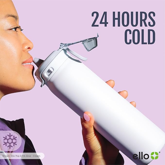 Ello Pop & Fill 22oz Stainless Steel Water Bottle with Quick Fill Technology, Double Walled and Vacuum Insulated Metal, Leak Proof Locking Lid, Sip and Chug, Reusable, BPA Free, Black