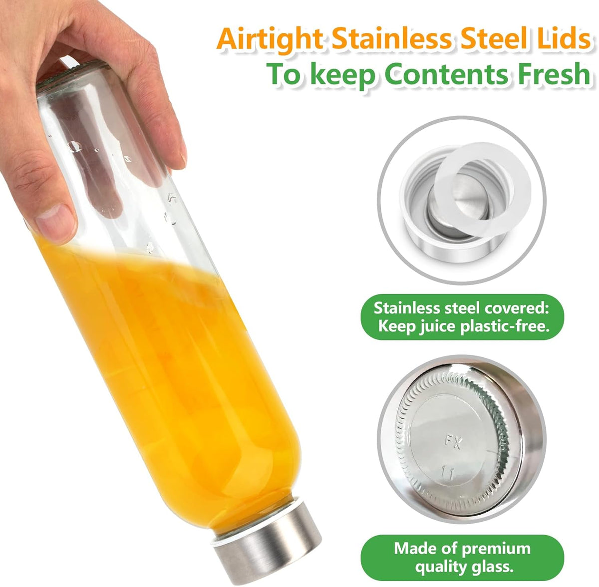 Zukro Glass Water Bottles with Gold Lids 18 oz, Reusable Clear Glass Juice Bottles Stainless Steel Airtight Cap for Juicing, 100% Leak Proof Juice Drinking Jar for Refrigerator, BPA Free, Set of 3