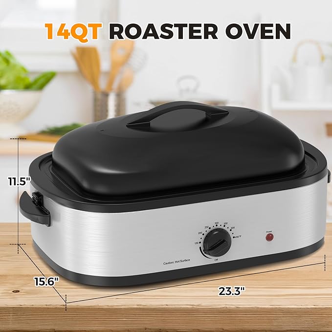 14 Quart Roaster Oven with Self-Basting Lid, Turkey Defrost & Warm Function, Turkey Roasting Pan with Removable Roasting Rack, Adjustable Temperature for Use as a Slow Cooker, Stainless Steel, Silver