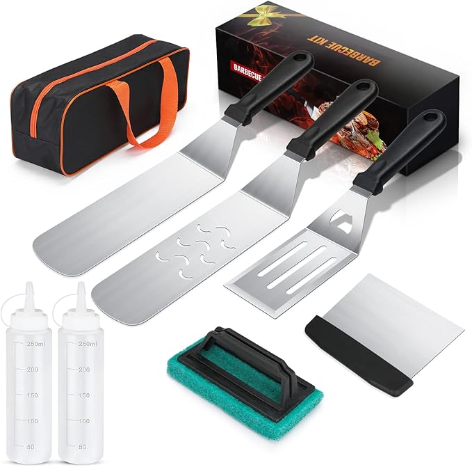 8-Piece Griddle Accessory Kit – Premium Stainless Steel Tools with Leak-Proof Bottles, Scraper, Spatulas, Cleaning Brush & Carry Bag for Blackstone & Camp Chef(8pcs)