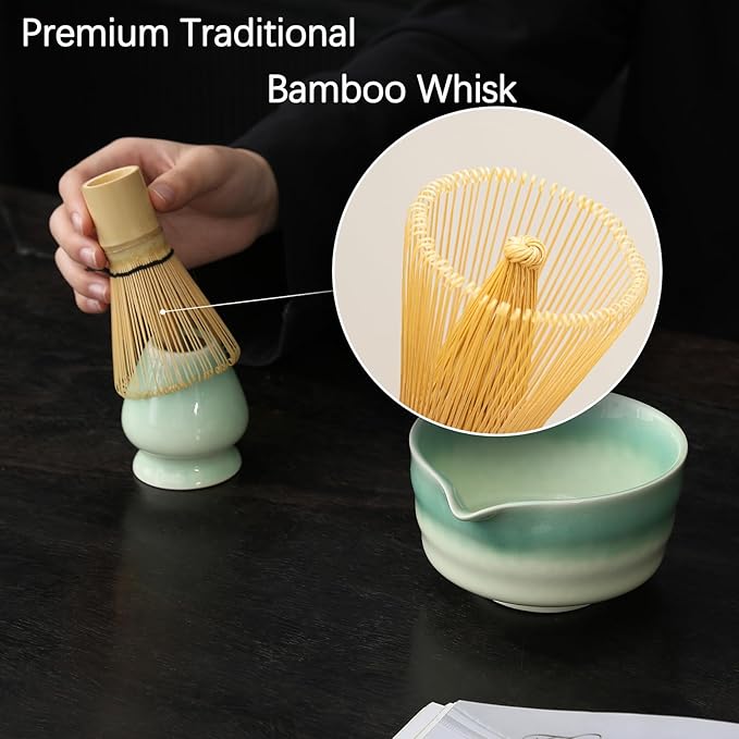 Japanese Matcha Set, Matcha Bowl with Spout, Matcha Whisk and Holder, Bamboo Matcha Scoop and Stainless Steel Sifter - 5 Pcs Gradient Green Matcha Kit for Matcha Lover
