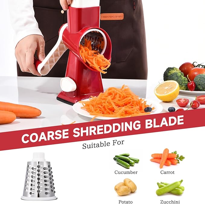 Rotary Cheese Grater with Handle Kitchen Shredder Slicer Grater Slicer Ice Shaver Cheese Vegetable Nuts Potato Zucchini Chocolate 3 Interchangeable Blades (RedWhite)