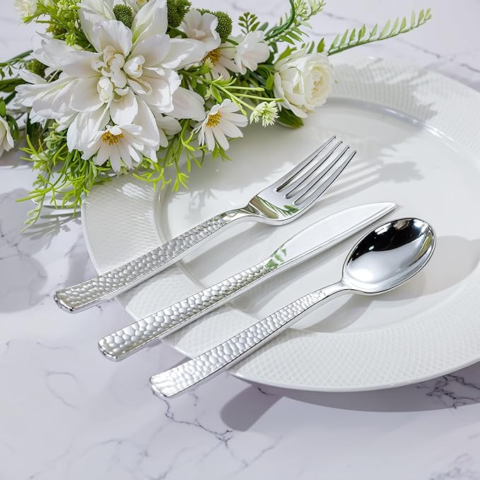 WELLIFE 400PCS Silver Plastic Silverware, Pre Rolled Silverware Set Disposable,Plastic Cutlery Includes: 100 Forks, 100 Knives, 100 Spoons, 100 Napkins, Cutlery Set Disposable