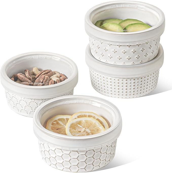 LE TAUCI Ramekins Oven Safe with Lids, 8 oz Ramikin Set for Creme brulee, Souffle, Dipping Sauces, Ceramic Food Storage Containers, Baking Dishes - 4.4 inch, Set of 4, Arctic White