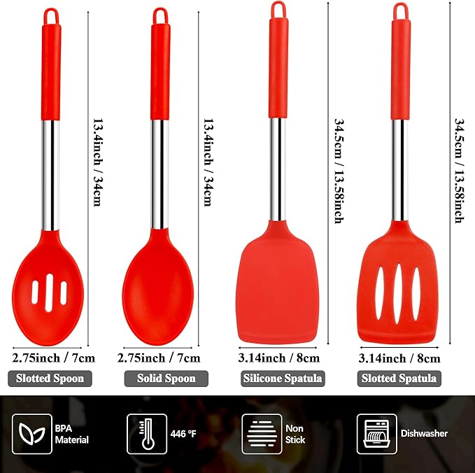 Silicone Spatula Spoon Set, 4 PCS Silicone Cooking Utensils Spatula Spoon Set with Stainless Steel Handle, BPA Free Kitchen Turners for Frying, Mixing, Serving, Draining, Turning, Stirring, Red