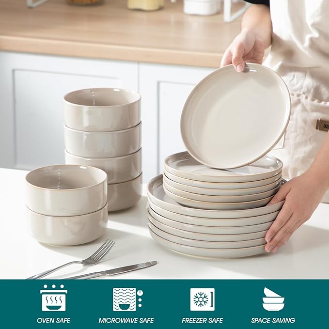 vancasso PLAYA Ceramic Plates and Bowls Sets,18 Pieces Grey Dinnerware Sets for Kitchen,Reactive Glaze Dishes Set for 6, Dishwasher and Microwave Safe