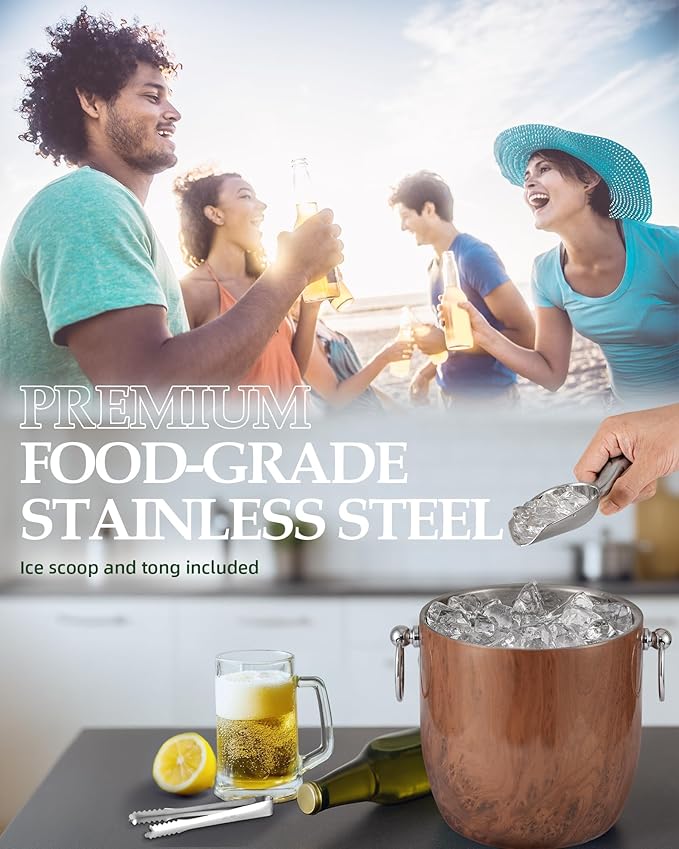 Insulated Ice Bucket, 3L Double Wall Stainless Steel Ice Bucket with Tongs,Lid, Scoop and Strainer, Ice Buckets for Parties,Cocktail Bars, Chilling Beer, Champagne, Wine Bottles,Wood