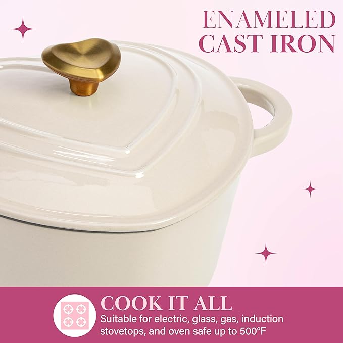 Paris Hilton Enameled Cast Iron Dutch Oven Heart-Shaped Pot with Lid, Dual Handles, Works on All Stovetops, Oven Safe to 500°F, 4-Quart, Cream